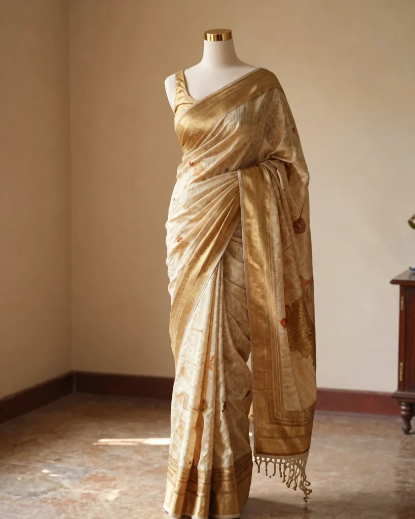 Headless display mannequin wearing an ivory saree with gold detailing.