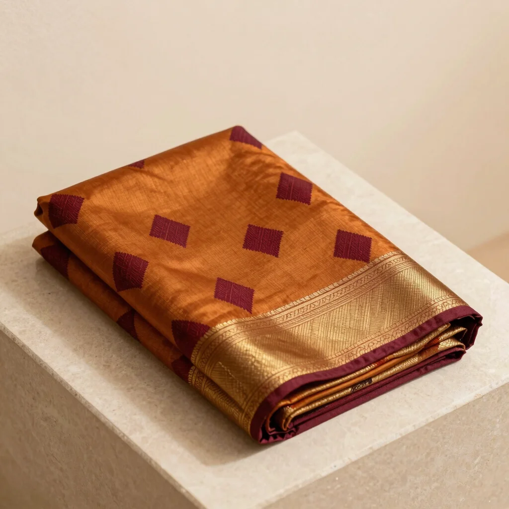 Tussar Ochre Hand-Block Printed Saree